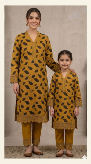 Zenvia Mother and Daughter matching set in mustard yellow leaf print.