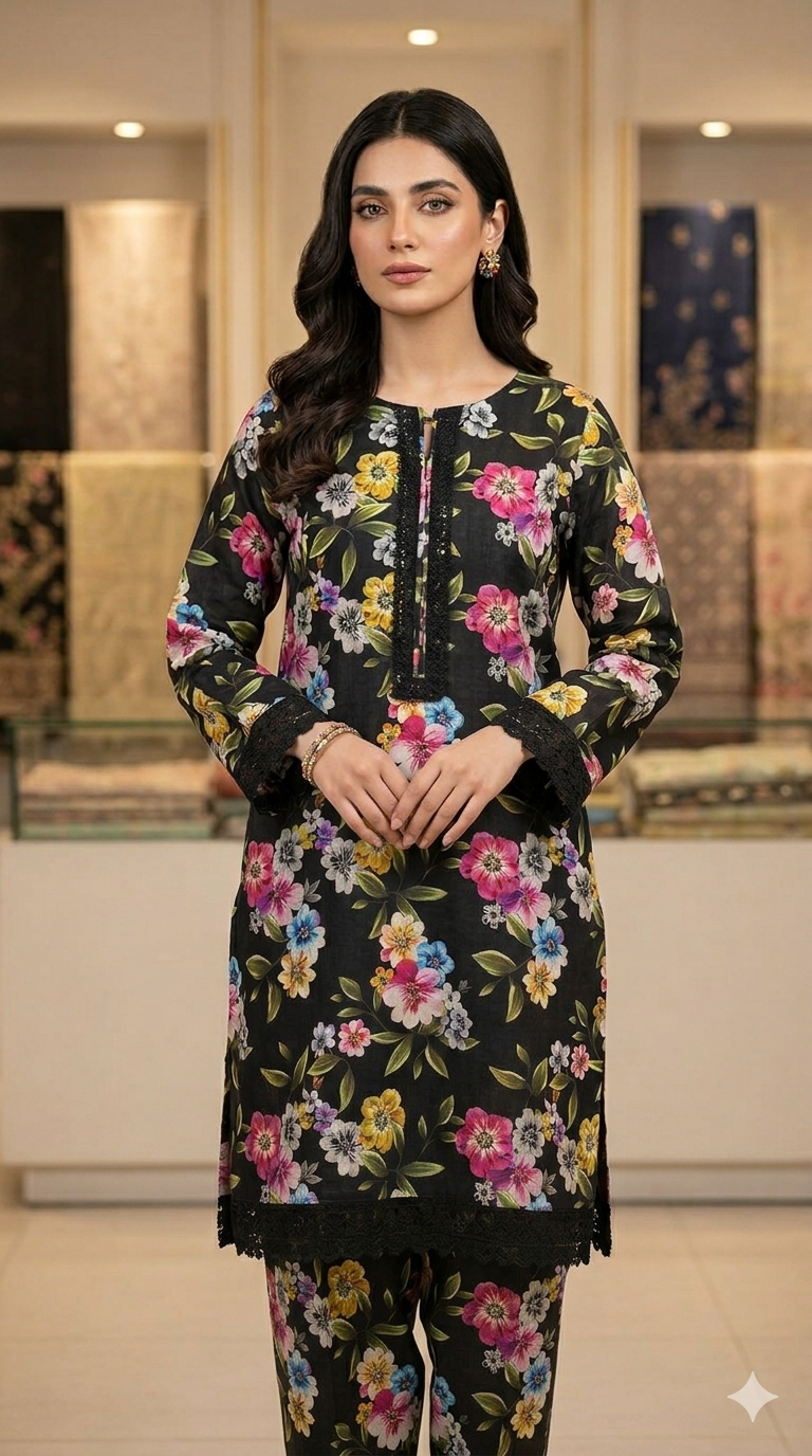 Zenvia Midnight Flora Lawn Suit - Premium Soft Lawn Fabric