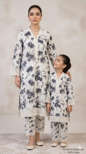 Zenvia White Floral Mother Daughter Matching Set in 100% Cotton.