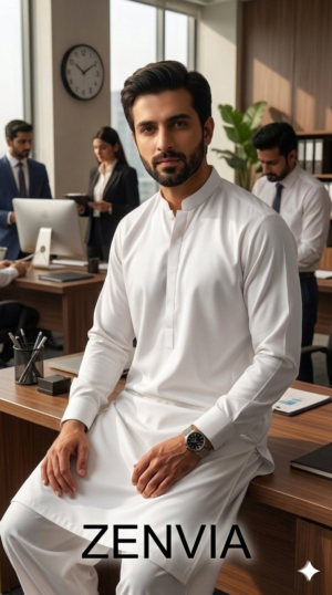 Zenvia Premium White Summer Wash & Wear Shalwar Kameez for Men, presenting a crisp, formal look for office and casual wear.