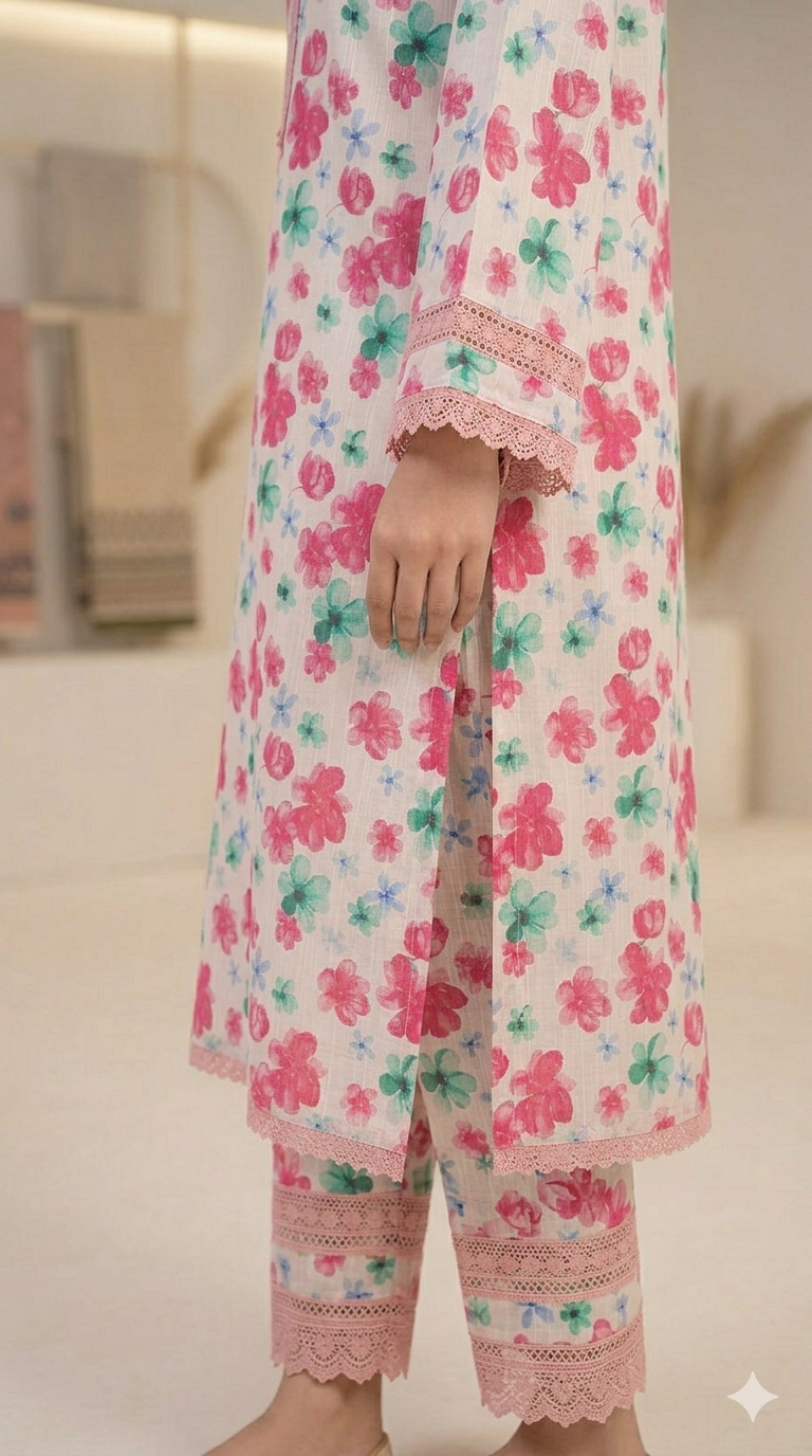 Unstitched 2pc Summer Lawn Suit - Pink Multi-Printed - Image 3