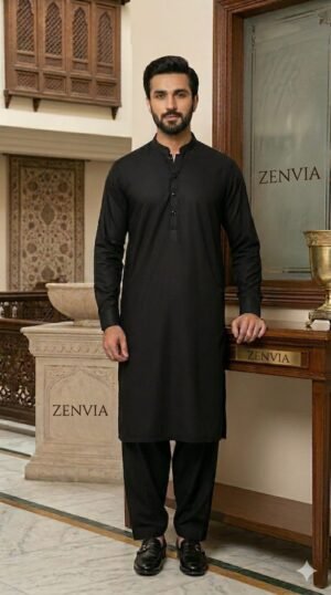 Stitched black shalwar kameez model for reference only - actual product is unstitched fabric by Zenvia