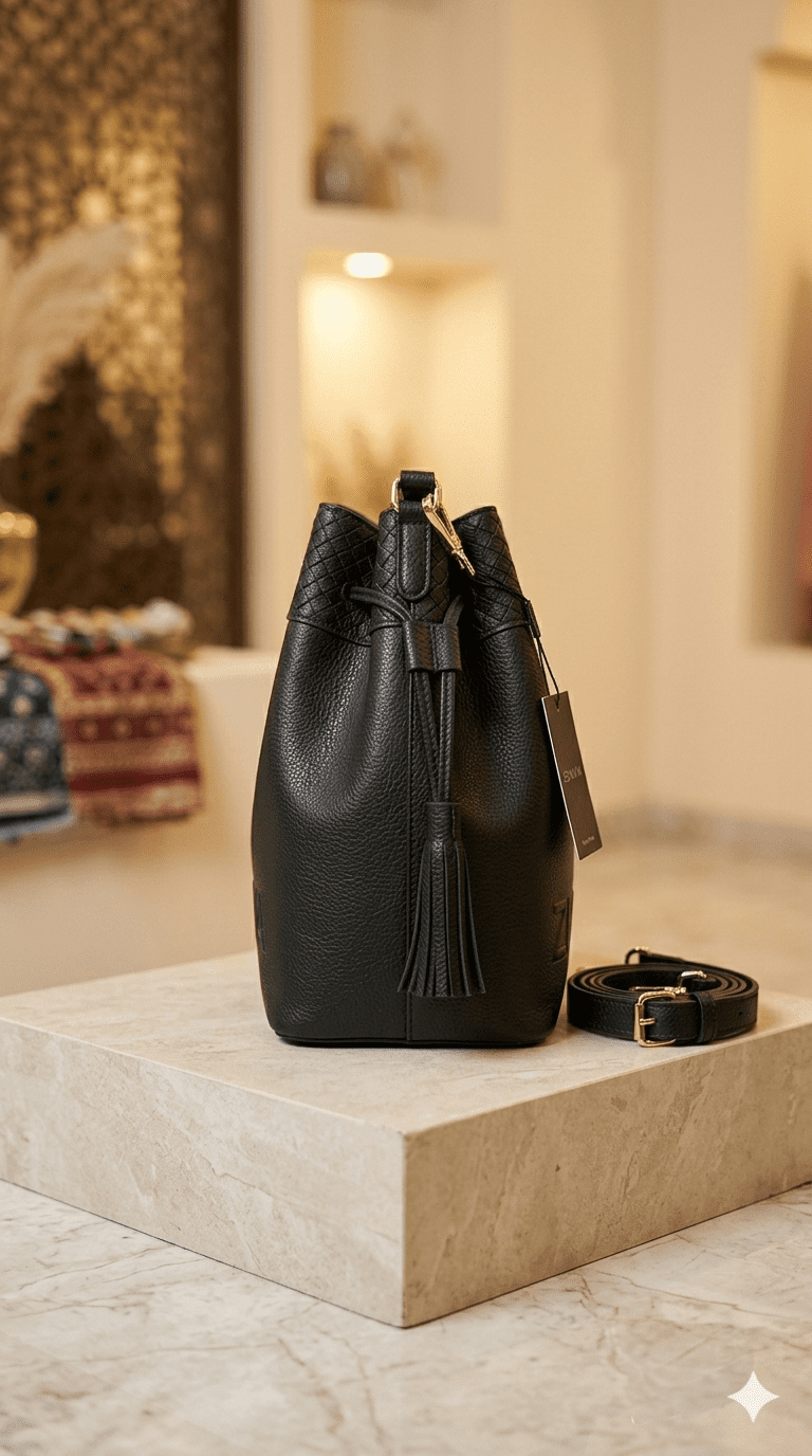 Zenivia Premium Black Leather Bucket Bag for Women – Elegant Shoulder Bag with Woven Detail - Image 2