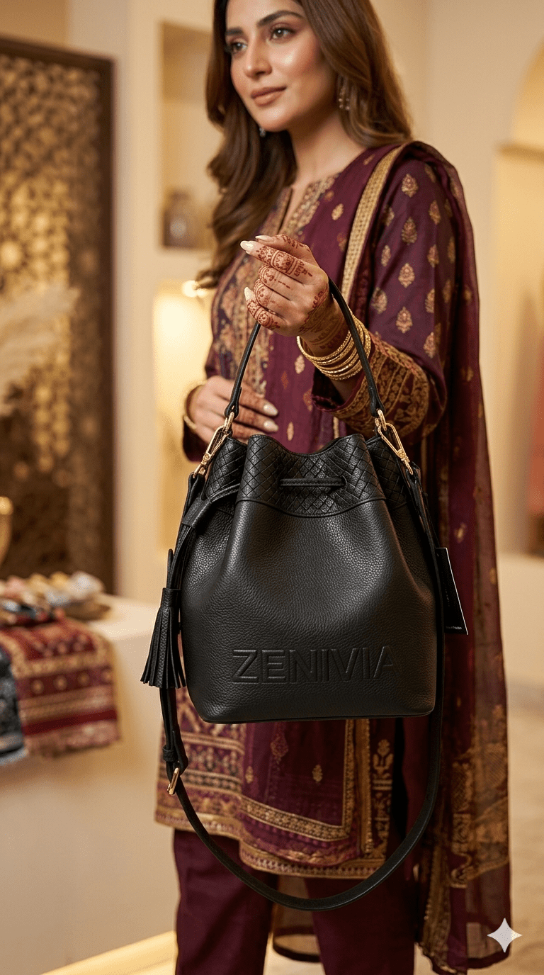 Zenivia Premium Black Leather Bucket Bag for Women – Elegant Shoulder Bag with Woven Detail - Image 4