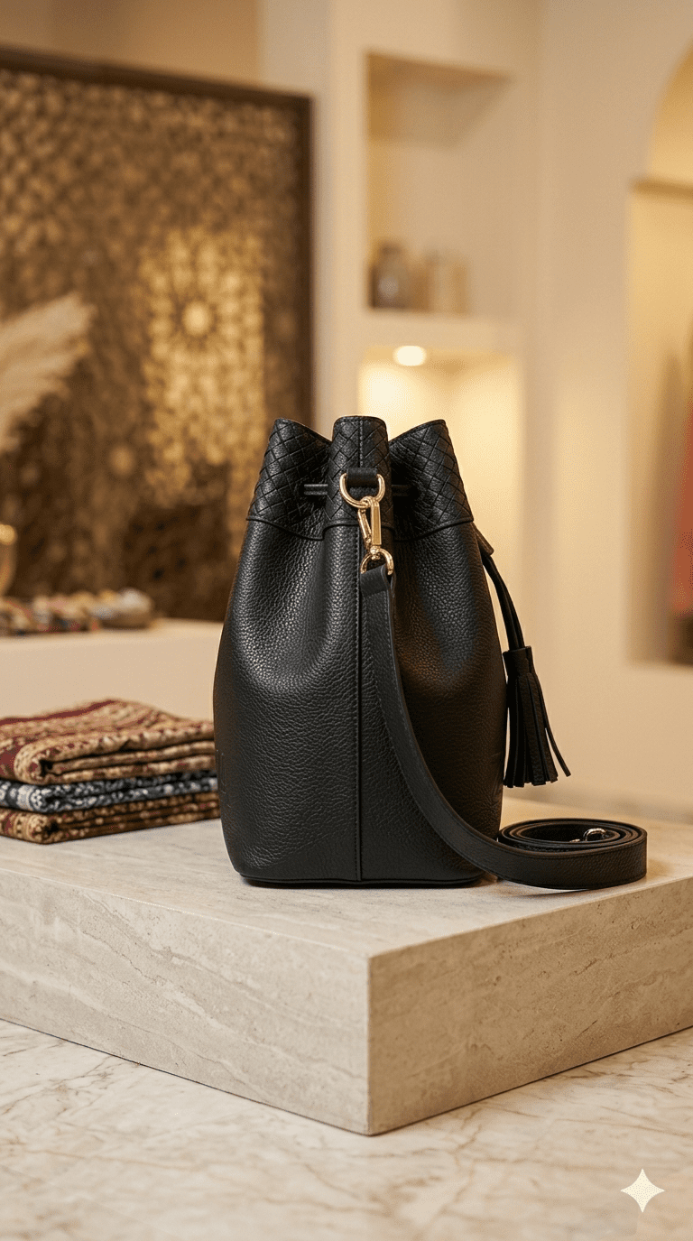Zenivia Premium Black Leather Bucket Bag for Women – Elegant Shoulder Bag with Woven Detail - Image 3