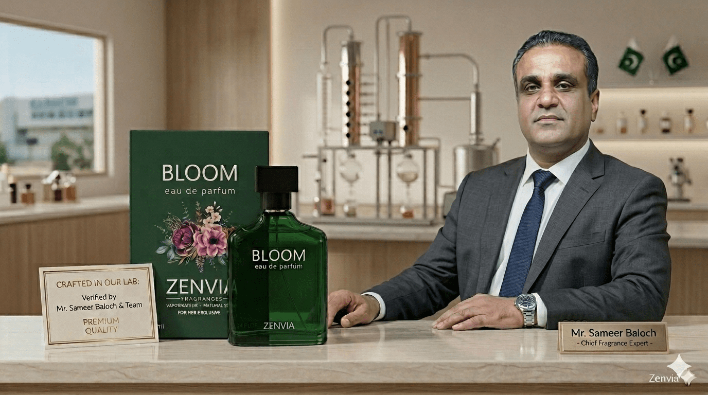 Mr. Sameer Baloch, Chief Fragrance Expert at Zenvia, presenting Bloom Eau de Parfum in a premium corporate office setting.