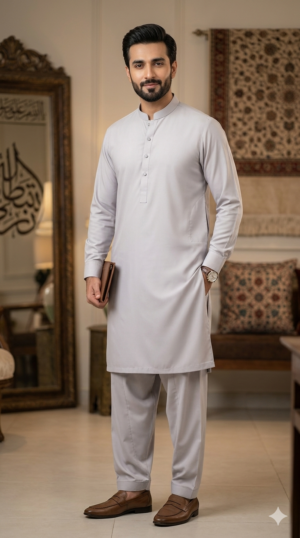 Zenvia Premium Light Grey Wash & Wear Suit for Men - Garmion ka thanda kapra