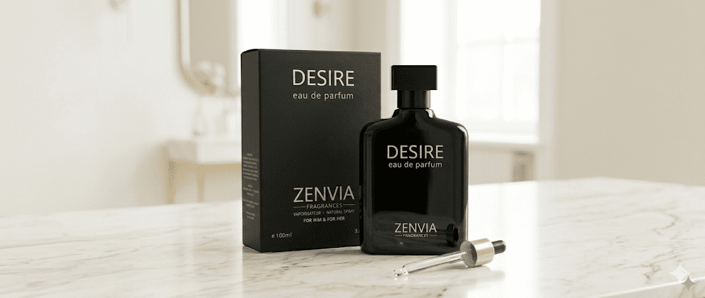 Zenvia Desire long lasting men perfume and unisex eau de parfum black bottle.
