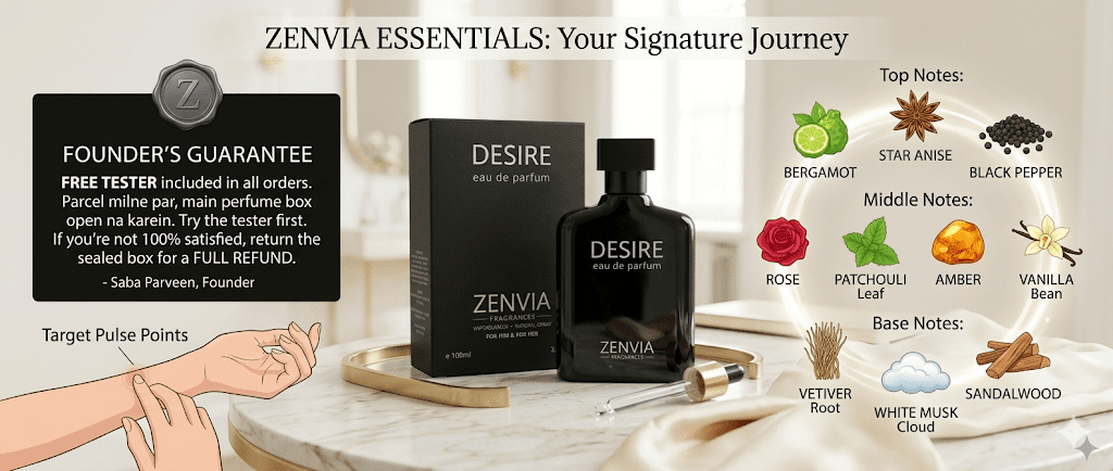 est pakistani perfume Zenvia Essentials signature perfume with bergamot rose and oud notes.