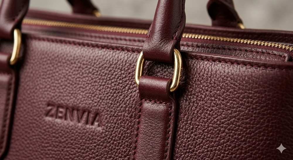 Close-up shot of high quality leather stitching and gold hardware on Zenvia premium ladies bag