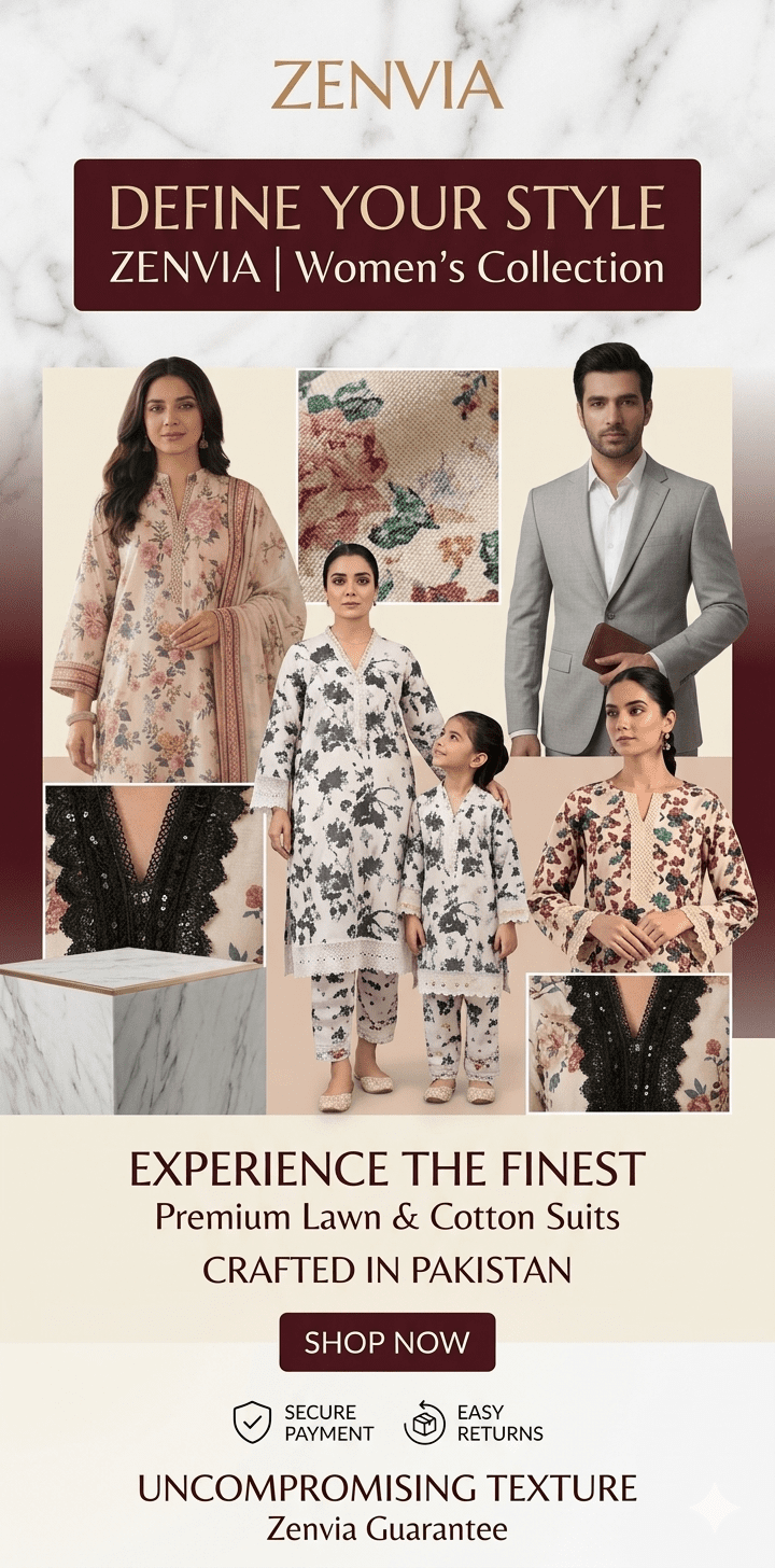 Zenvia women's clothing collection mobile banner, featuring original Pakistani lawn suits, including the Givre 3 Piece Suite and unstitched black and skin blue floral fabrics worn by models. (Original brand Pakistan).