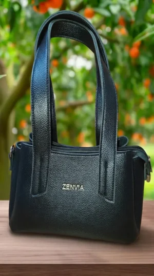 Black rexine handbag front view for women by Zenvia Pakistan