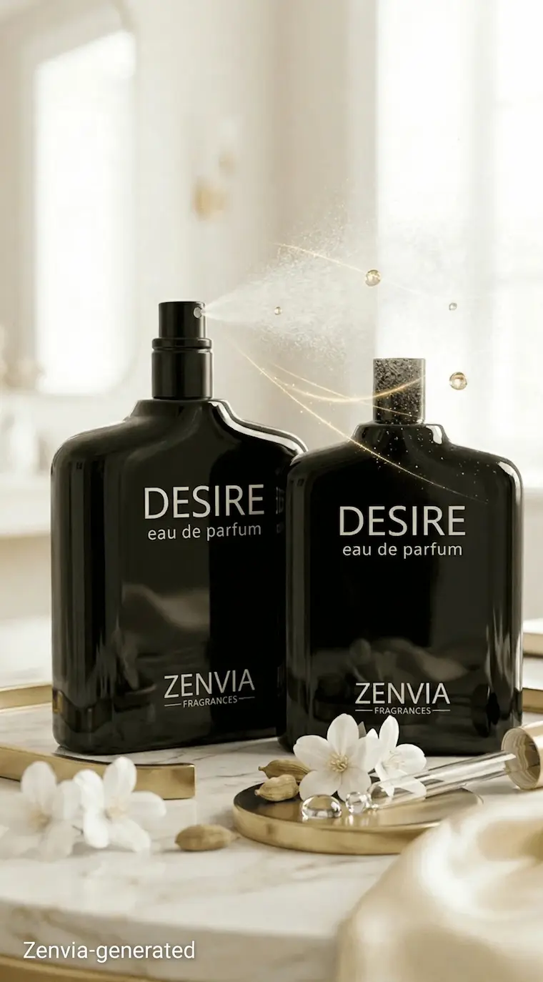 High-quality Zenvia Desire Eau de Parfum being sprayed, representing a long-lasting Pakistani perfume experience.