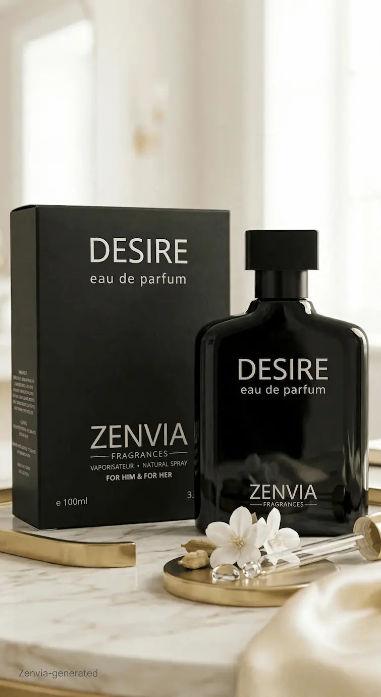 Zenvia Desire long lasting men perfume and unisex eau de parfum black bottle.