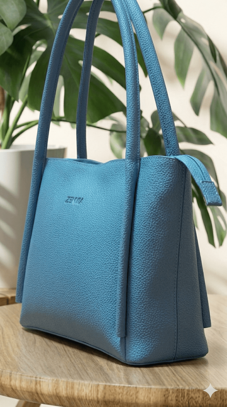 Side view of premium textured Zenvia grey handbag showing sleek design