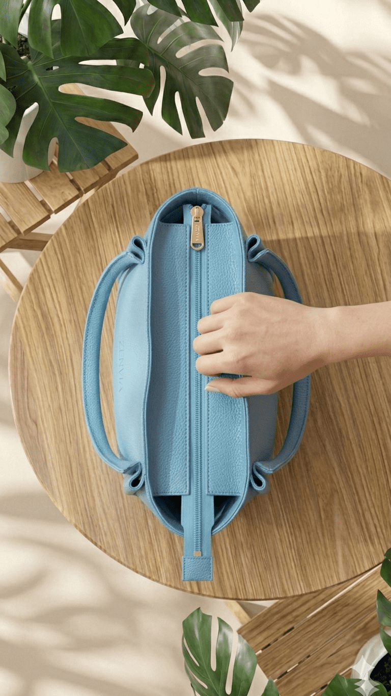 Secure zip closure detail of Zenvia grey handbag for professional office use