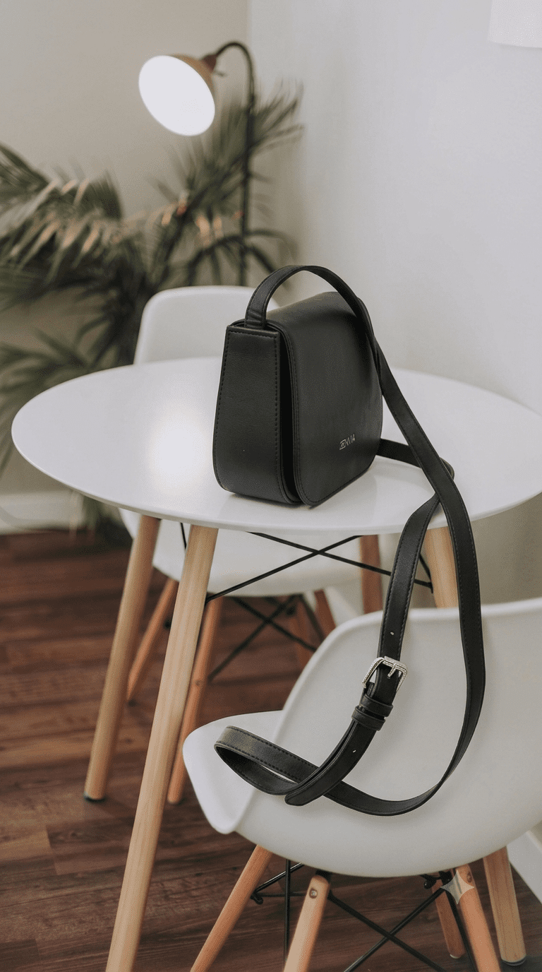Side profile view of Zenvia luxury black crossbody bag on a white table