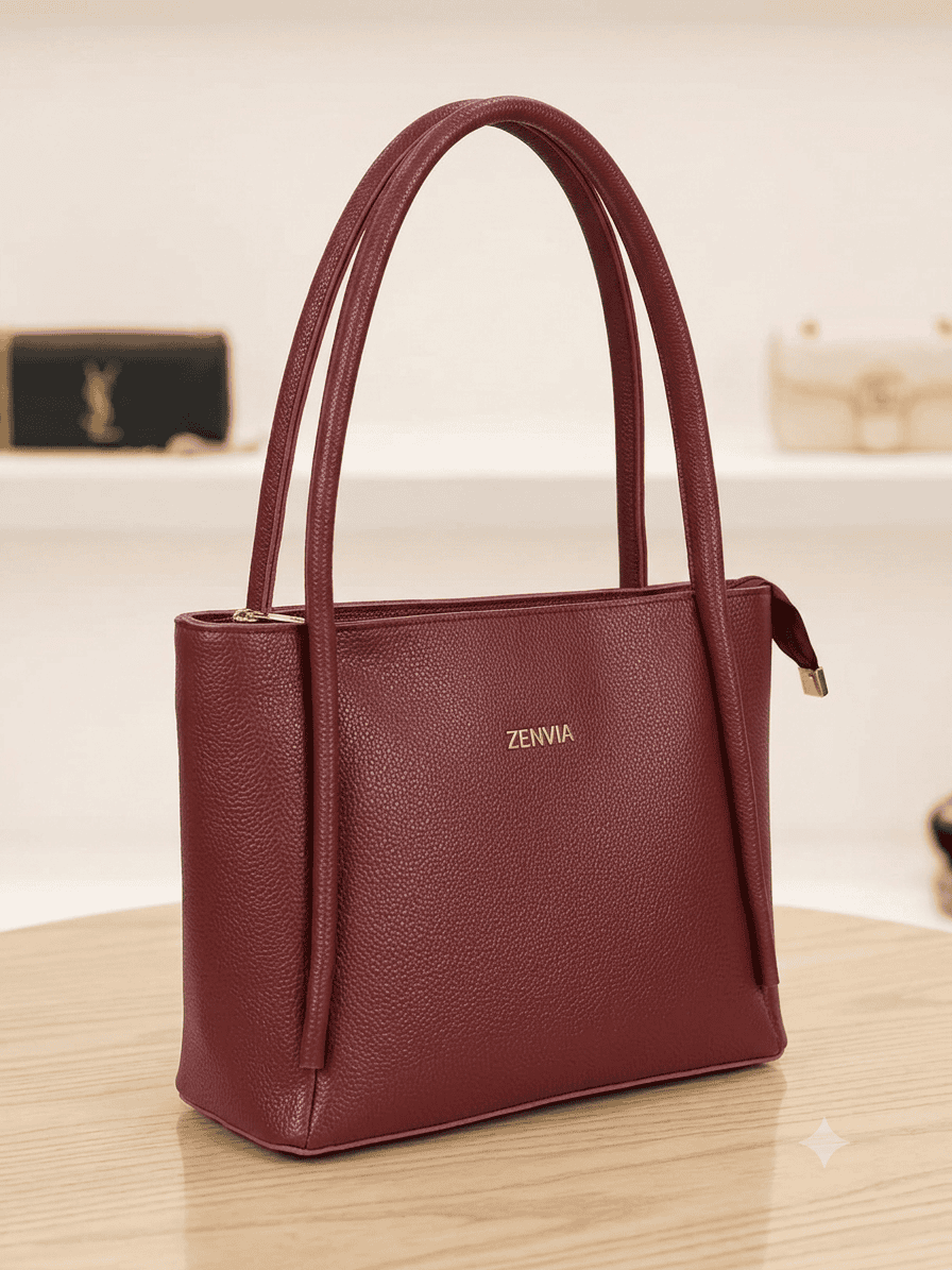 Showroom display of Zenvia maroon tote bag, perfect for office and style.