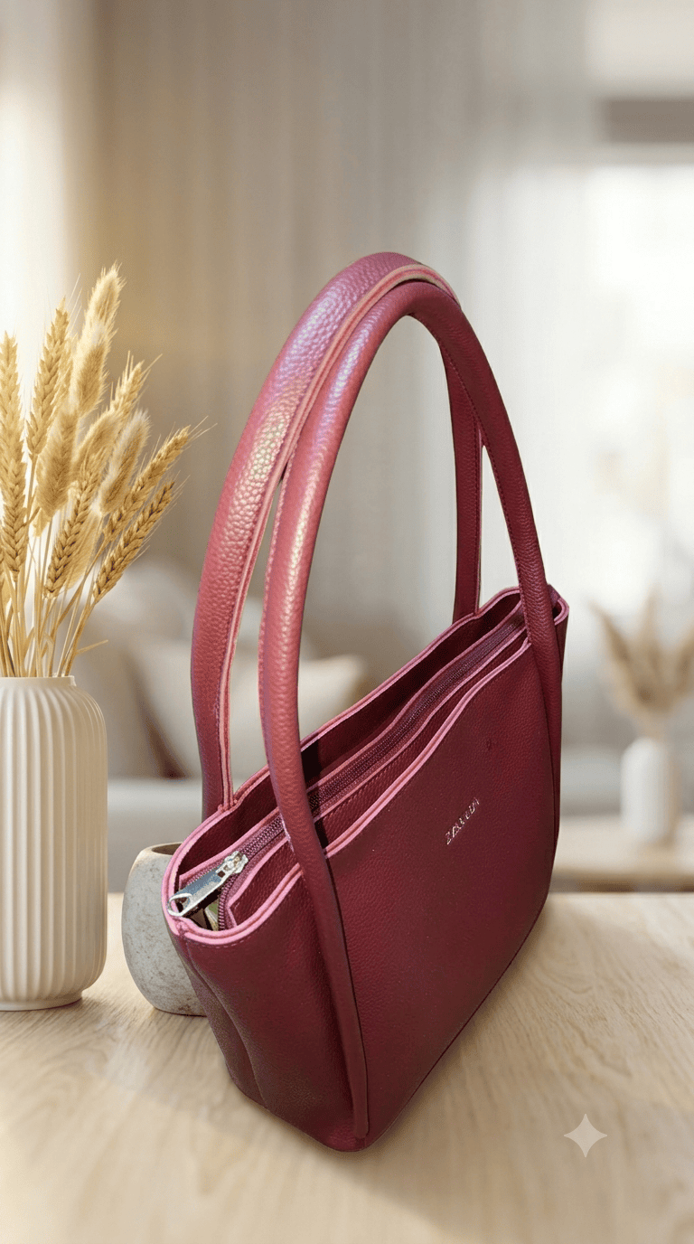 Angle view of Zenvia maroon tote bag with elegant handles and design.