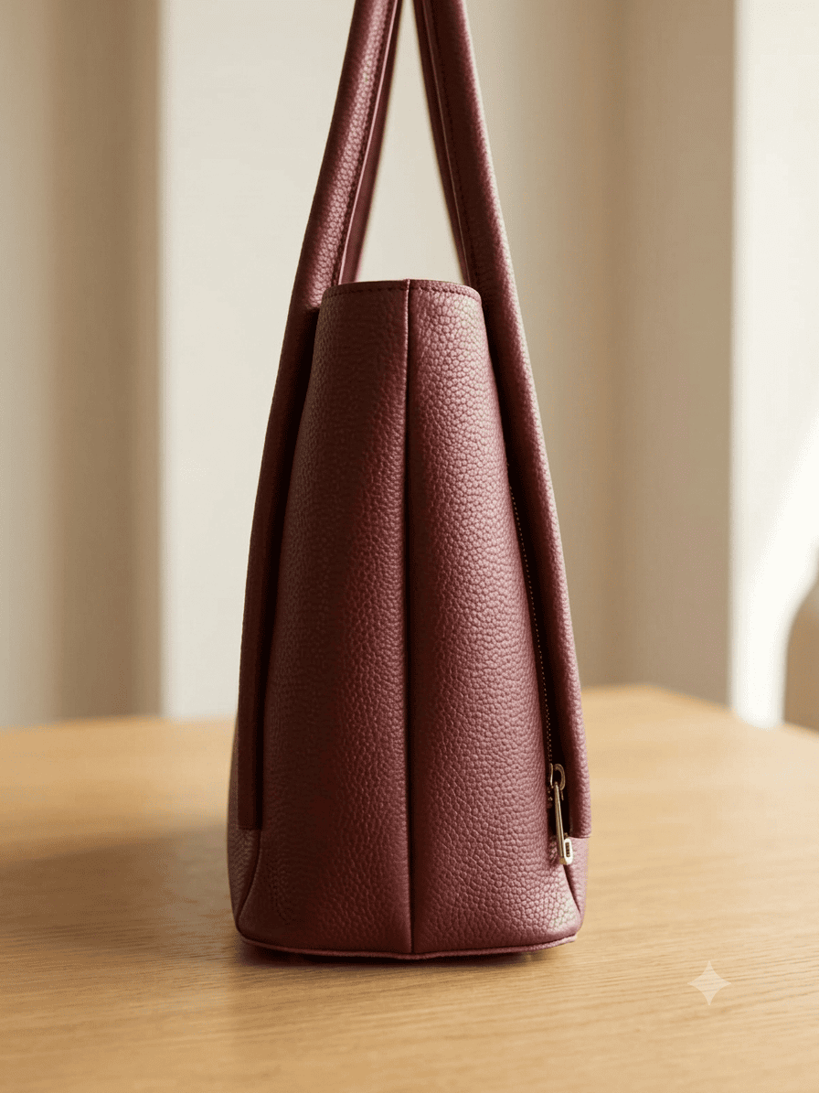 side view of Zenvia maroon tote bag showing zipper detail and texture.