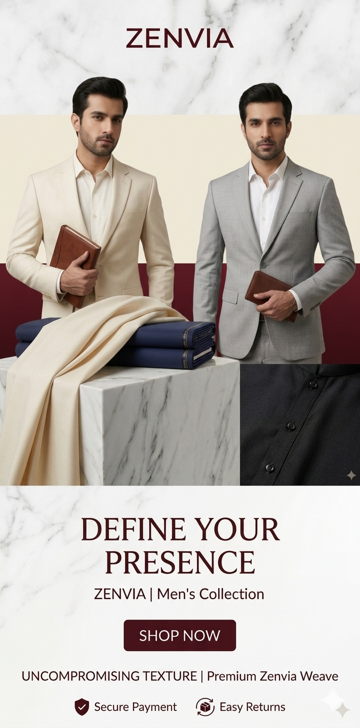 Zenvia original men's traditional clothing collection mobile banner, featuring stitched wash and wear suit and unstitched fabric on a marble plinth in Pakistan. (Original Men's Brand Pakistan).