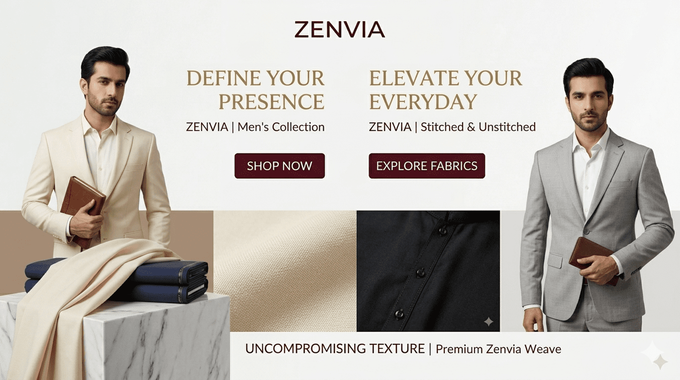 Zenvia original men's traditional clothing collection banner, featuring premium stitched light grey wash and wear suit and unstitched cream fabric for shalwar kameez in Pakistan. (Original Men's Brand Pakistan).