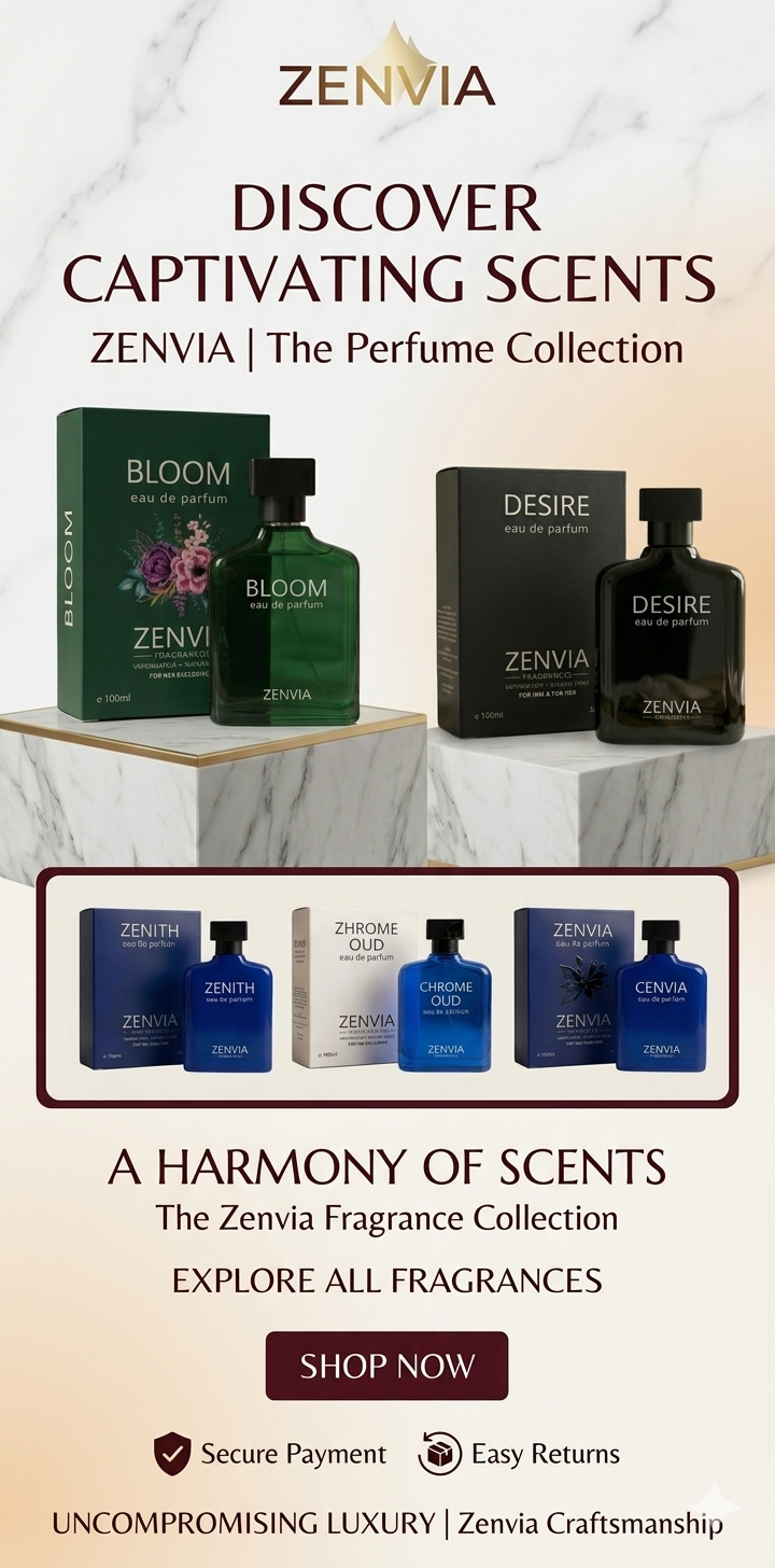 Zenvia fragrances collection mobile banner, featuring the original Bloom Eau de Parfum, Desire, and Zenvia Oud perfumes on marble plinths in Pakistan. (Original perfume brand Pakistan).