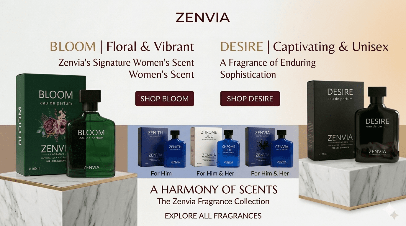 Zenvia fragrances collection banner showing the original Bloom Eau de Parfum, Desire, and Zenvia Oud perfumes in Pakistan. (Original perfume brand Pakistan).