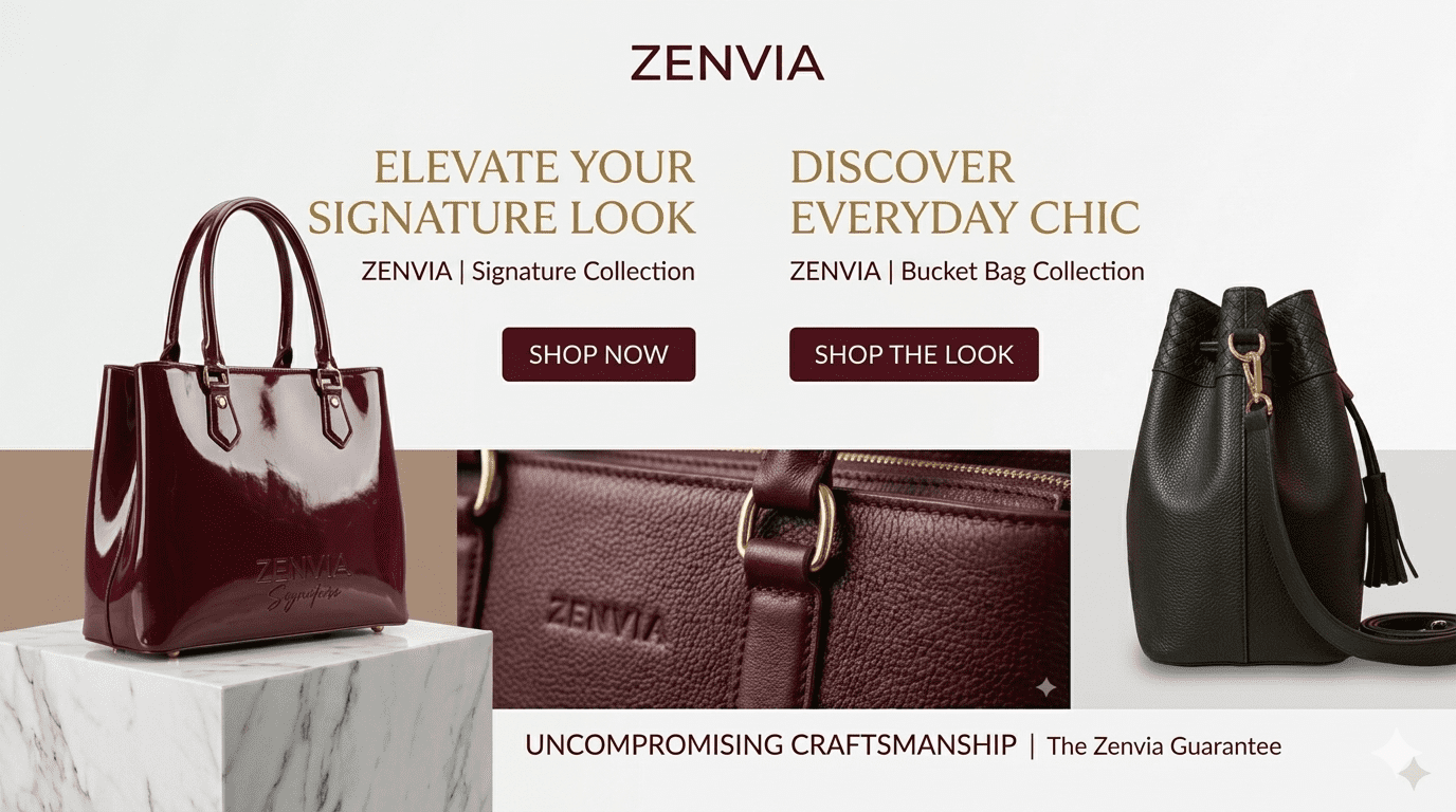 Zenvia luxury fashion brand master banner featuring original ladies bags, women's clothing, men's clothing, and perfumes on marble plinths in Pakistan. (Original brand Pakistan).