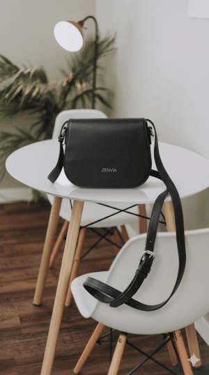 Zenvia premium black handbag front view with elegant gold hardware on a white table