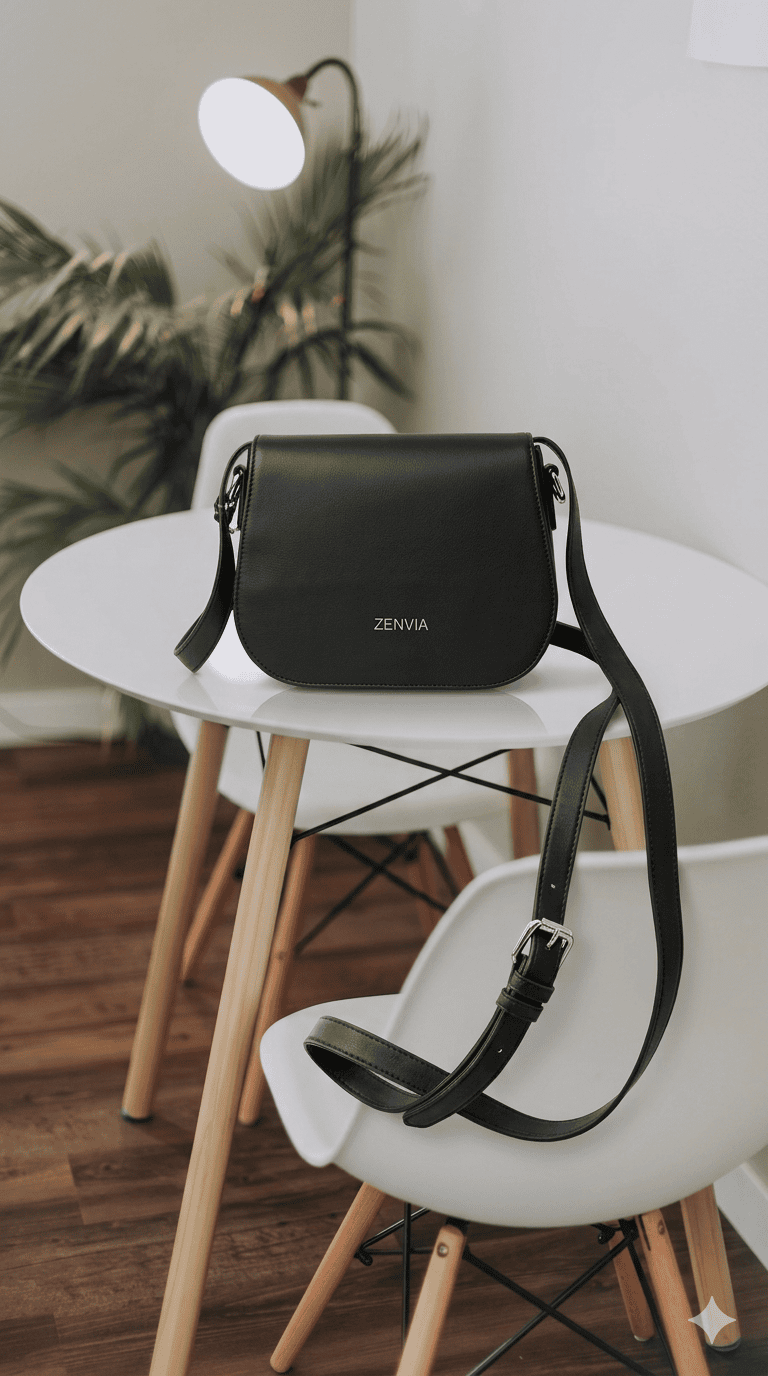 Zenvia premium black handbag front view with elegant gold hardware on a white table