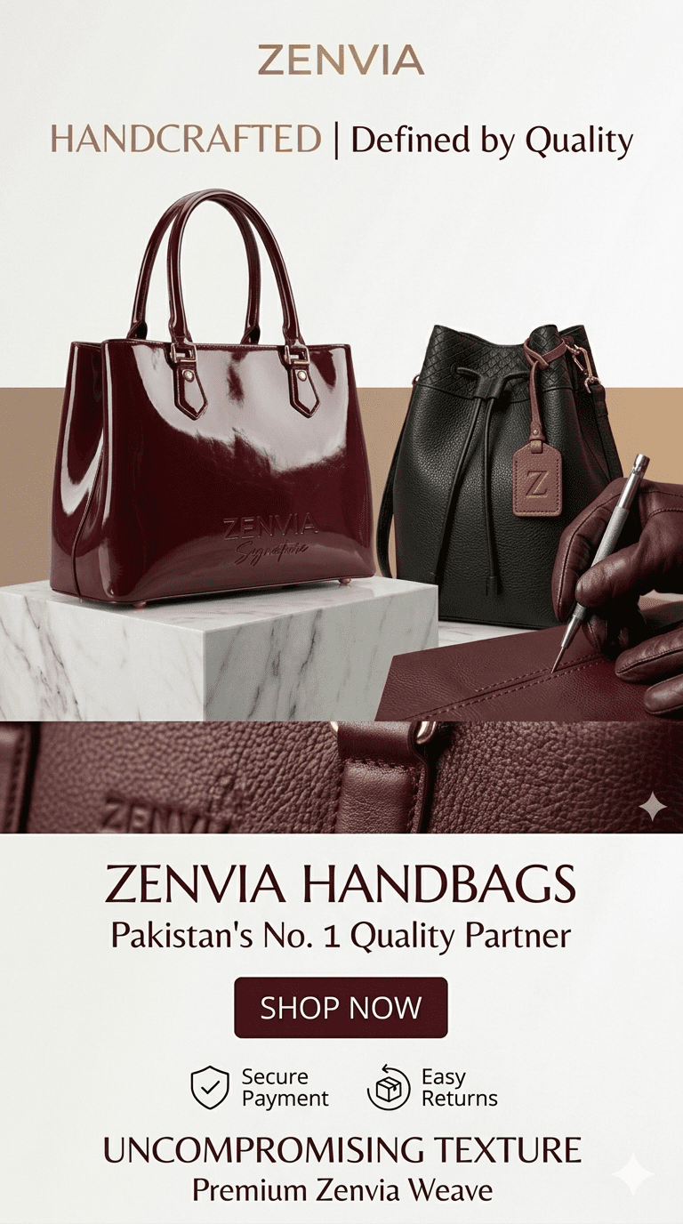 Zenvia premium handbags collection mobile banner, showcasing handcrafted luxury bags with signature Zenvia weave and texture. Pakistan's No. 1 quality partner for stylish ladies' bags.