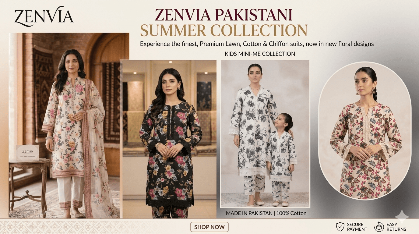 Zenvia spectrum of style collection banner displaying original unstitched floral lawn fabric bolts for women's summer suits in Pakistan.