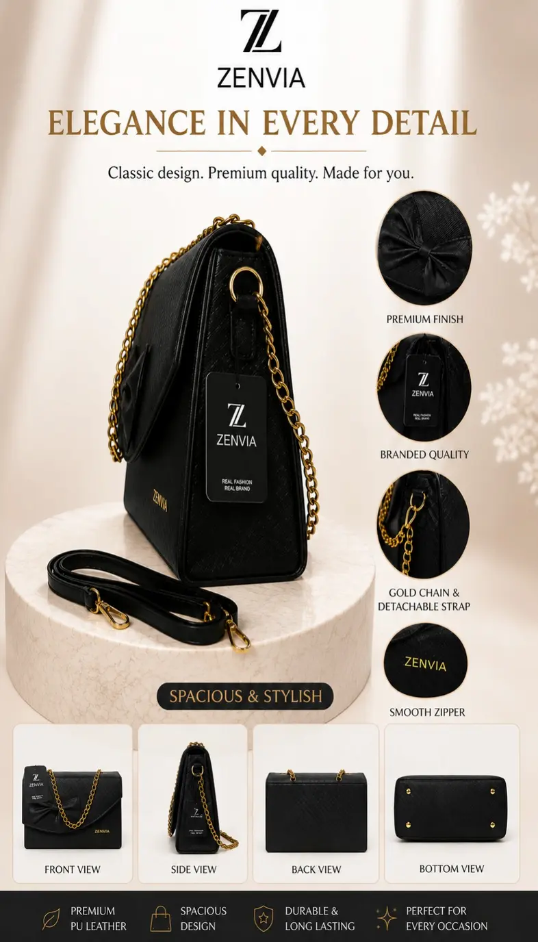 Zenvia stylish handbag for women side dimensions and chain detail