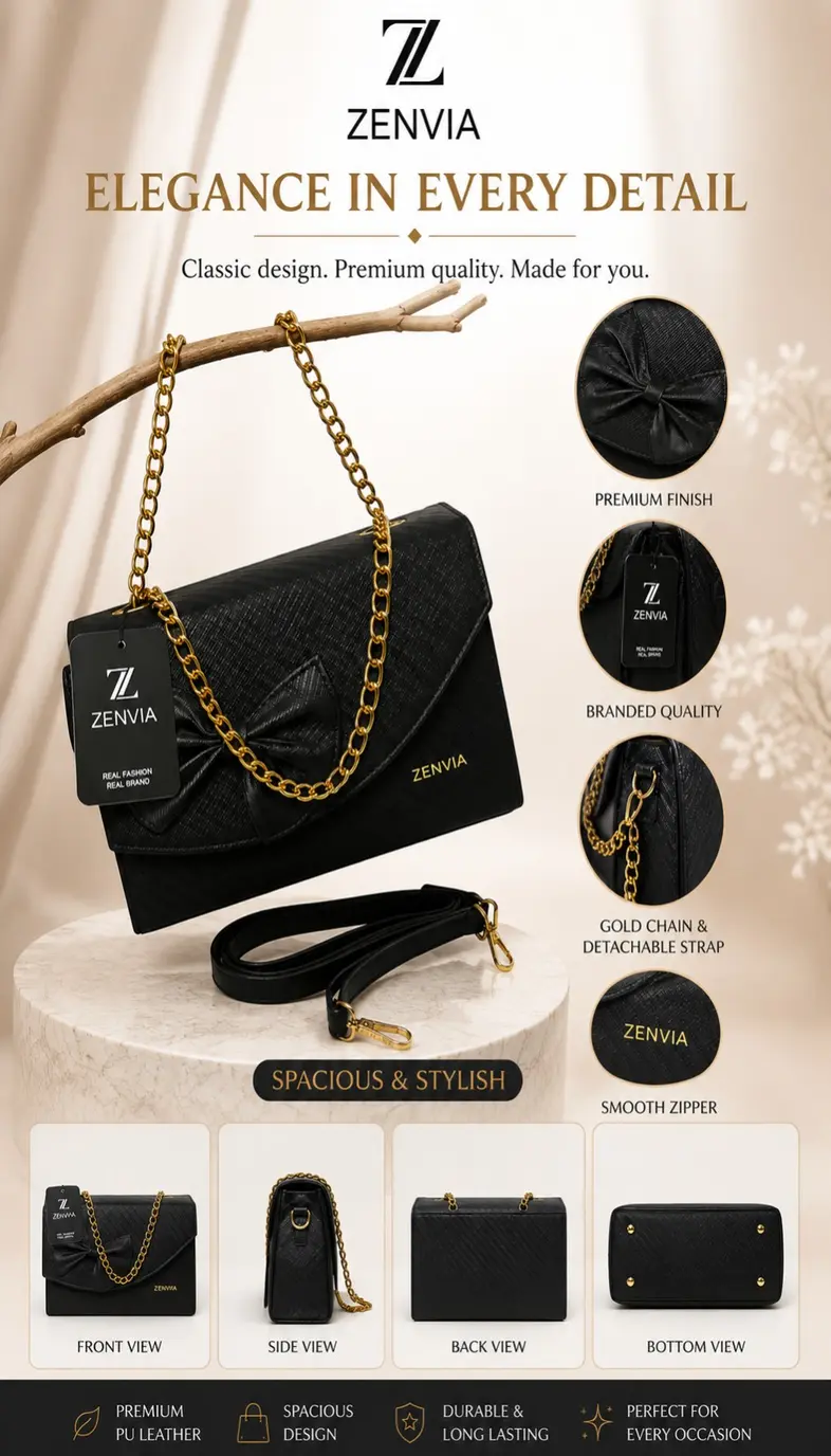Model carrying Zenvia elegant fancy hand bag to show real capacity and size