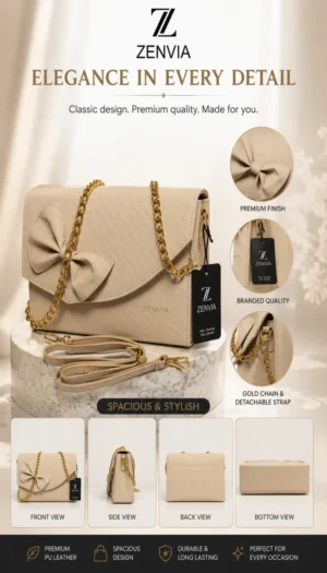 Zenvia beige bow ladies purse front view showing accurate medium size