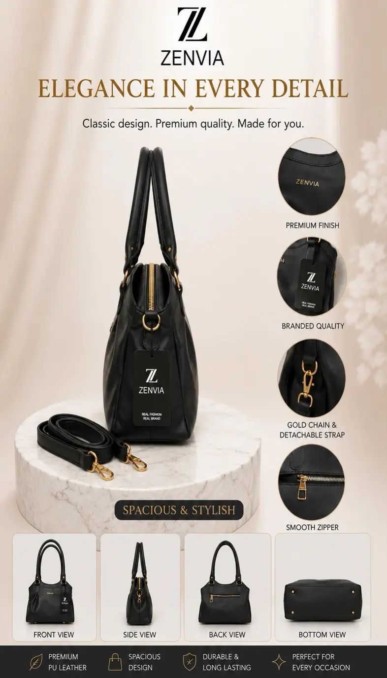 Close-up of gold chain hardware and smooth zipper on Zenvia ladies handbag
