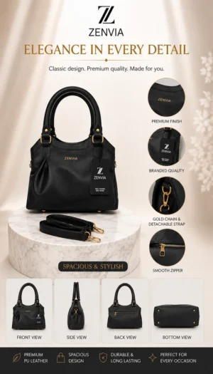 Zenvia Black PU Leather Handbag for Women Pakistan