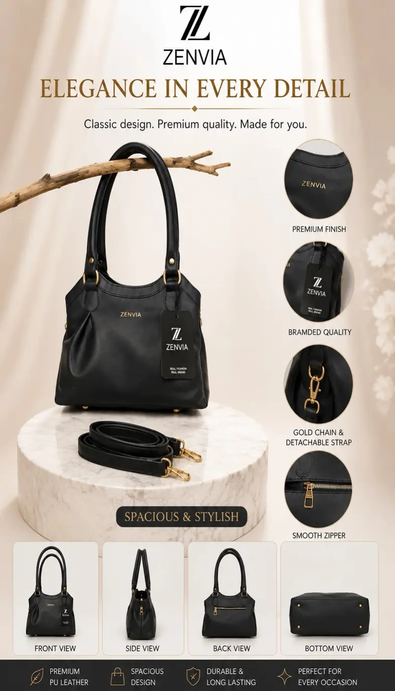 Zenvia Black PU Leather Handbag for Women | Stylish Ladies Purse - Image 3
