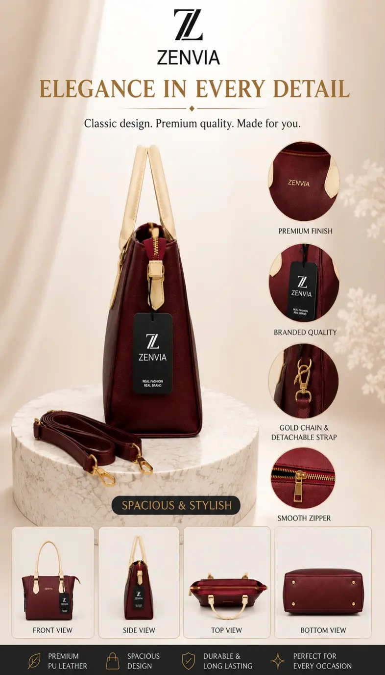Zenvia Maroon Handbag Gold-tone Hardware and Detachable Strap
