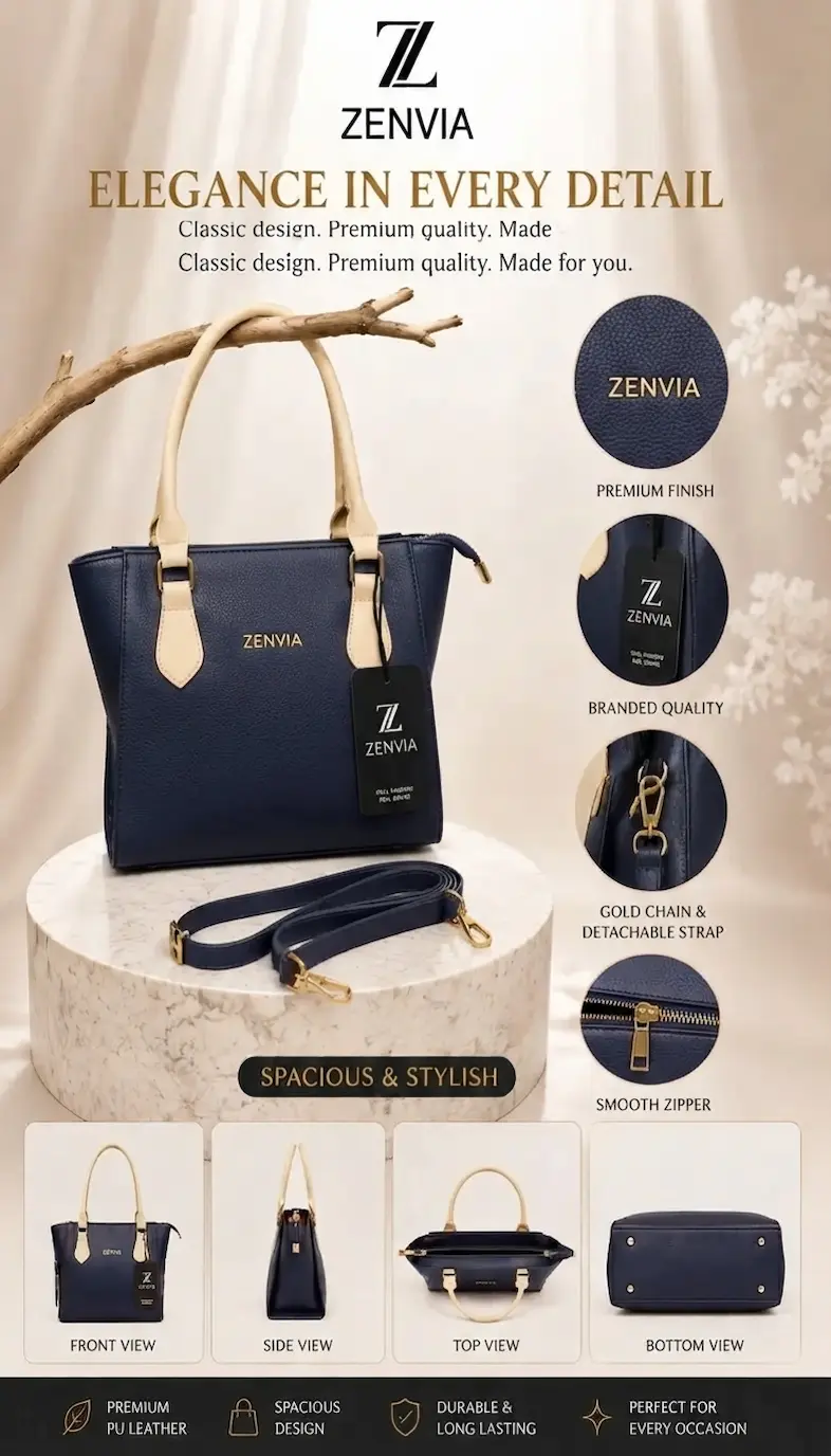 Spacious 14-inch Interior of Zenvia Navy Blue Tote Handbag