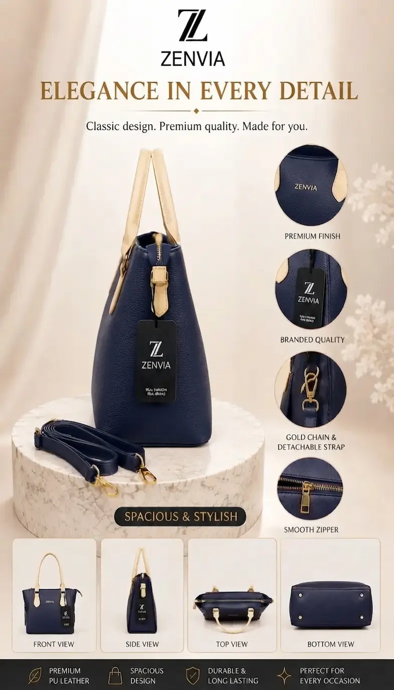 Zenvia Navy Blue Tote Bag 12-inch Handle Drop Shoulder View