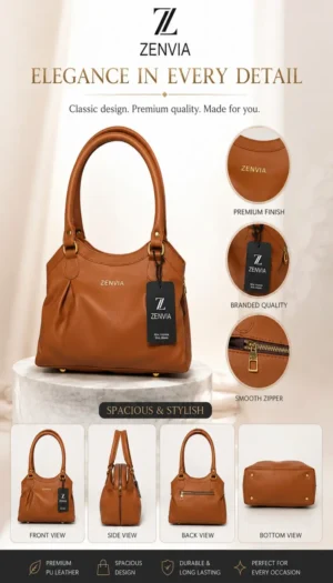 Zenvia Premium Tan PU Leather Handbag Front View