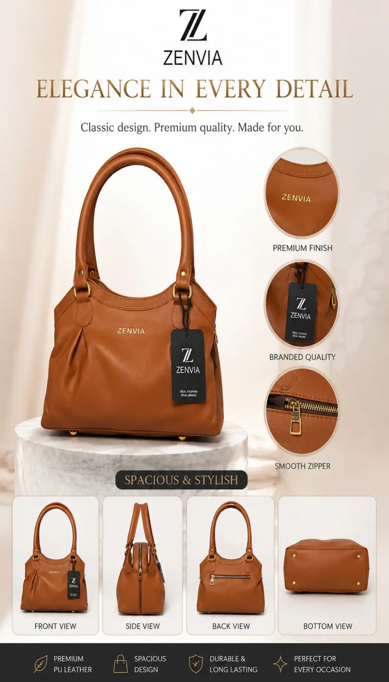 Zenvia Premium Tan PU Leather Handbag Front View