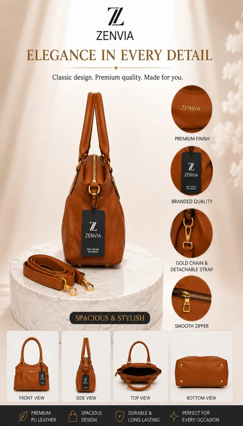 Zenvia Tan Handbag Gold Chain and Strap Details