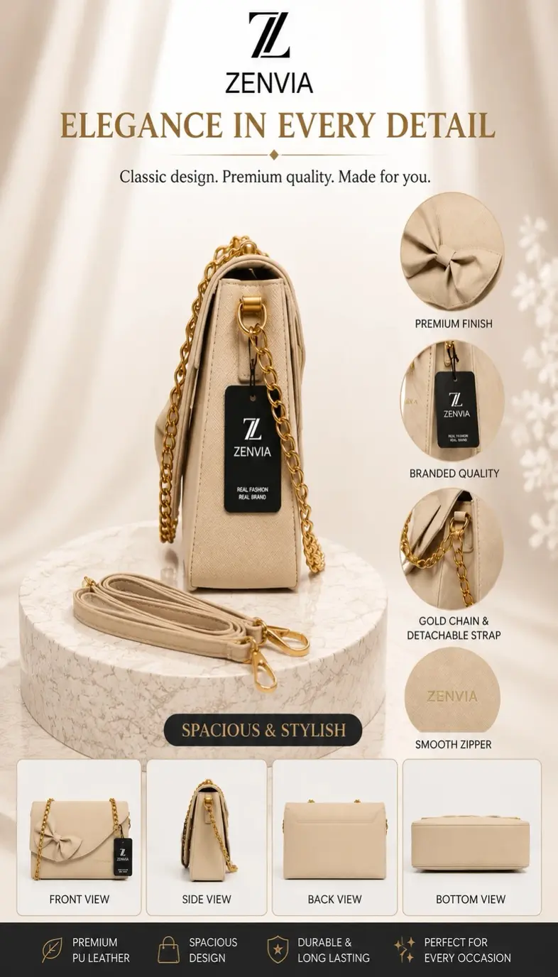 Zenvia Elegant Bow-Design PU Leather Handbag for Women – Beige - Image 3
