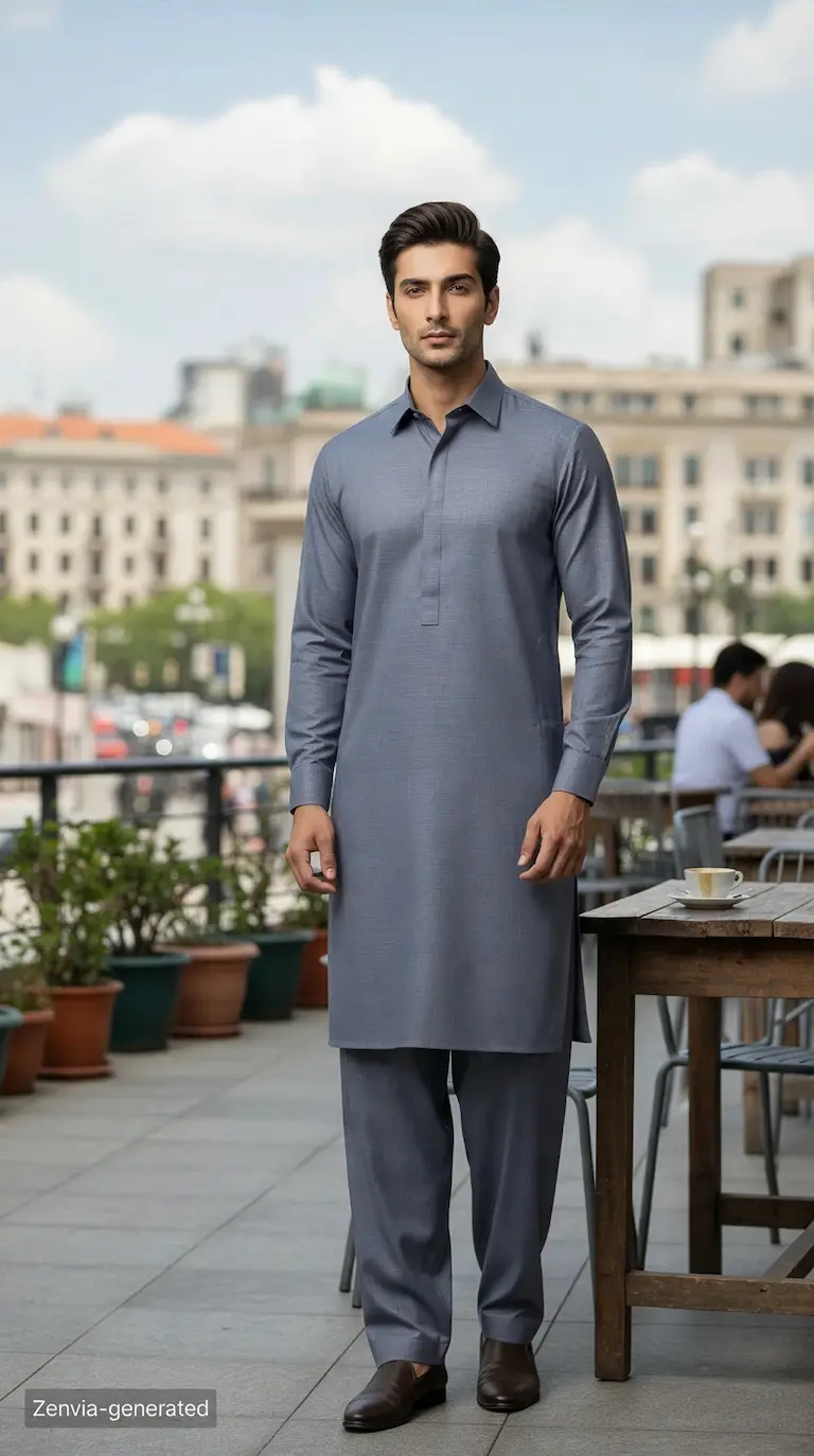 Model wearing Zenvia Elite Slub steel blue luxury unstitched men's shalwar kameez suit