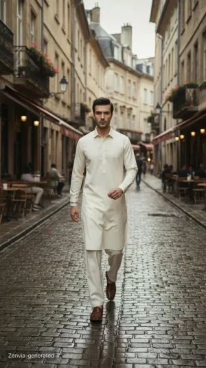 Model wearing Zenvia luxury cotton cream unstitched men's shalwar kameez suit