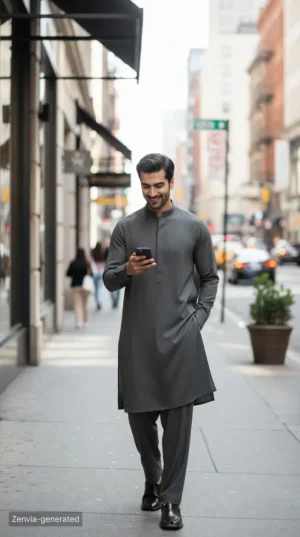 Model wearing Zenvia Marvel dark grey unstitched wash and wear men's shalwar kameez suit