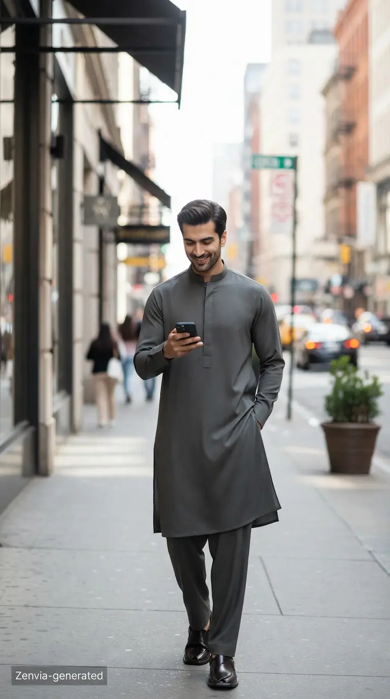 Model wearing Zenvia Marvel dark grey unstitched wash and wear men's shalwar kameez suit